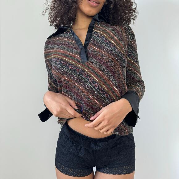 Vintage Italian Sparkly Textured Collared Top with Satin Trim (M) - Picture 6 of 7